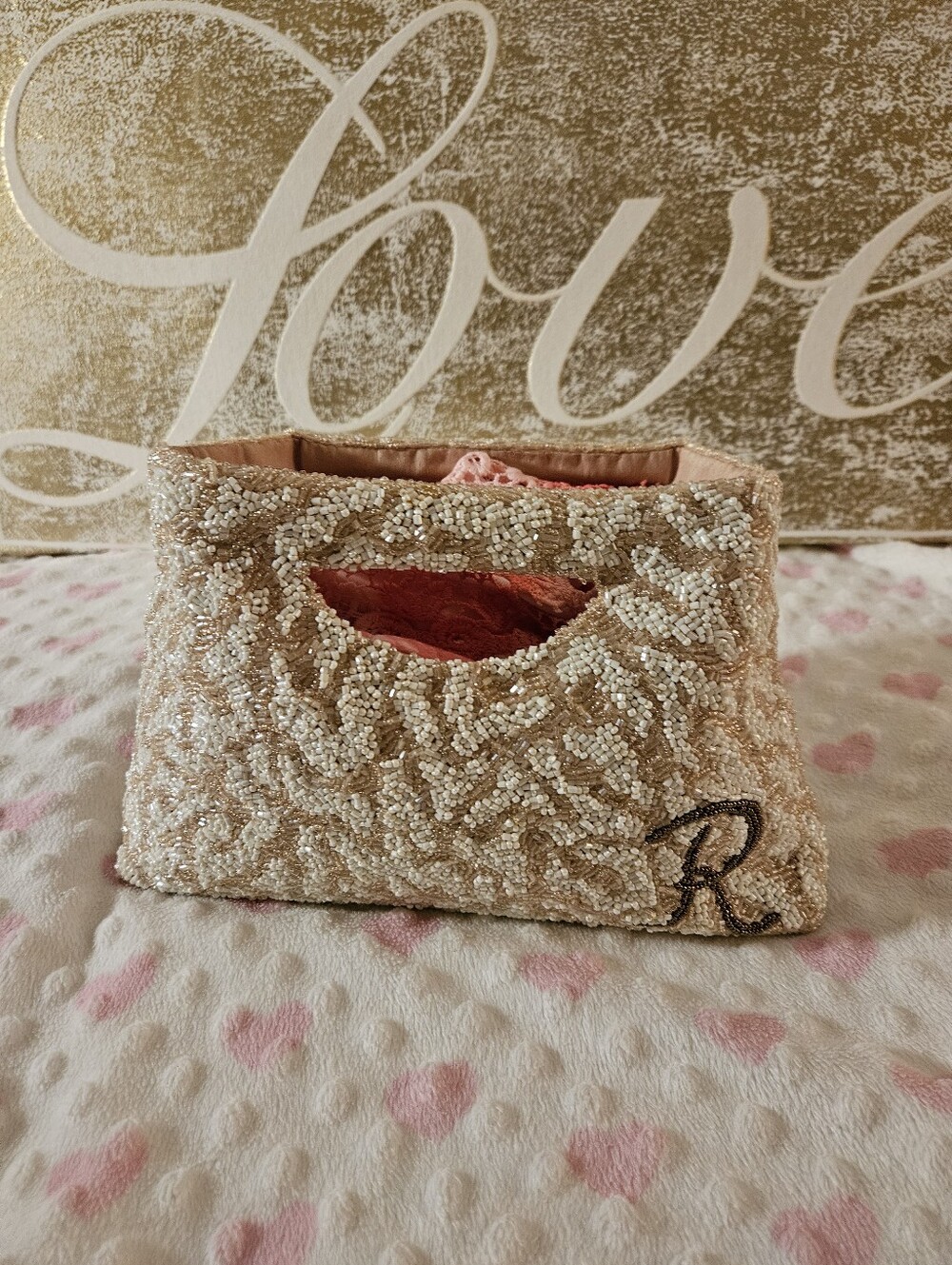 Moyna  Vintage Embellished Beaded Cream Handbag with Monogram R